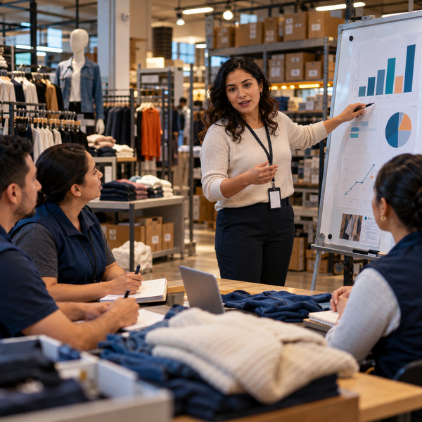 Data specialist leading a practical analytics workshop in a department store stockroom.