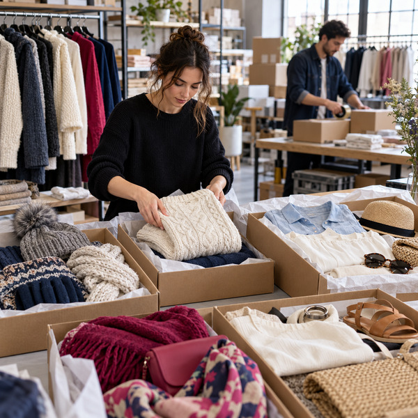A fashion merchandiser prepares distinct seasonal clothing assortments at a fulfillment packing station.