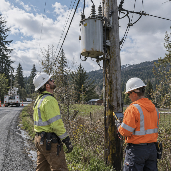 Utility crew inspects a distribution transformer with field instruments, linking asset condition to timely operational decisions.