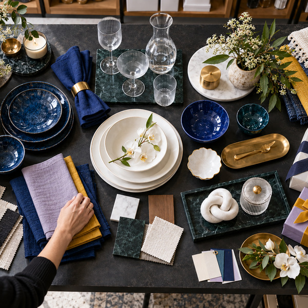 Hands arrange year-round homeware and textiles from several partner collections on a registry curation table.