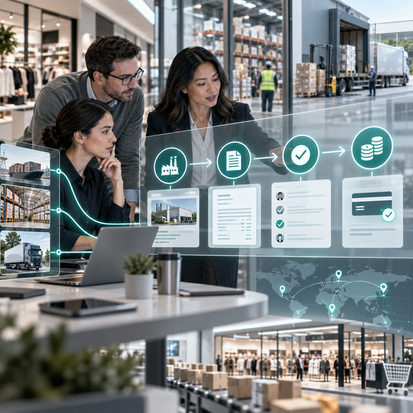 Retail and supply chain professionals reviewing an automated procure-to-pay workflow that connects suppliers, logistics, documentation, approvals, and payments across the retail operation.