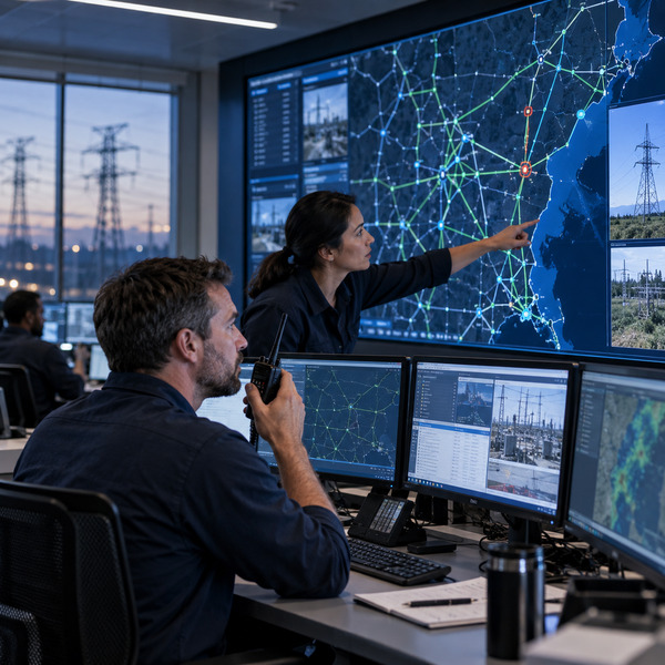 Grid operators coordinating a field response from an electricity network operations centre with a transmission map on the main display.