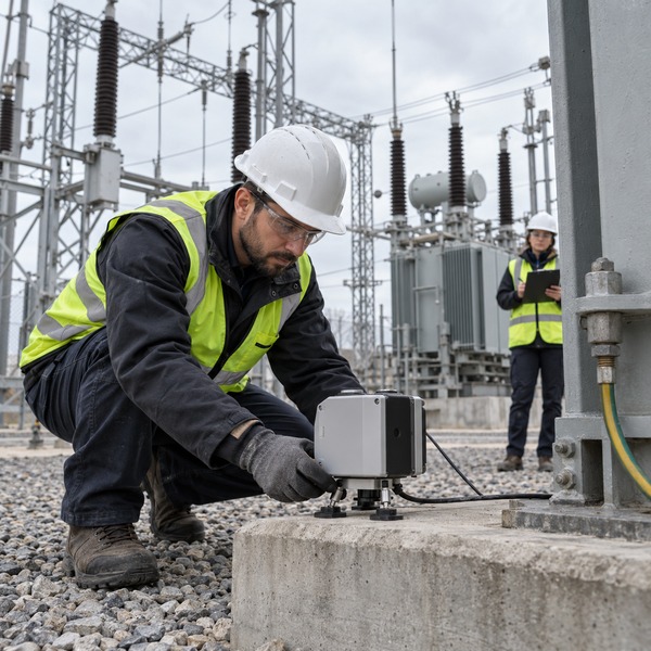 Field engineer positions a precision sensor near grounded substation equipment while a second specialist observes the controlled utility trial.