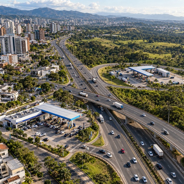 Aerial view of two fuel stations serving contrasting urban and peri-urban traffic patterns around a highway interchange.