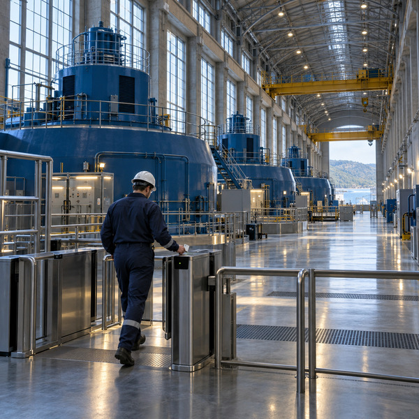 Secure movement through critical infrastructure CMS alt text: An authorised operator passes through a controlled access gate inside a working hydroelectric turbine hall.