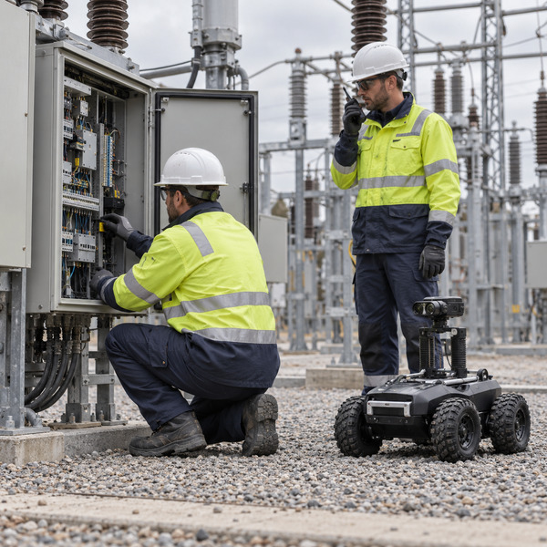 Two utility technicians coordinating maintenance at distribution equipment while a compact ground inspection robot stands nearby.