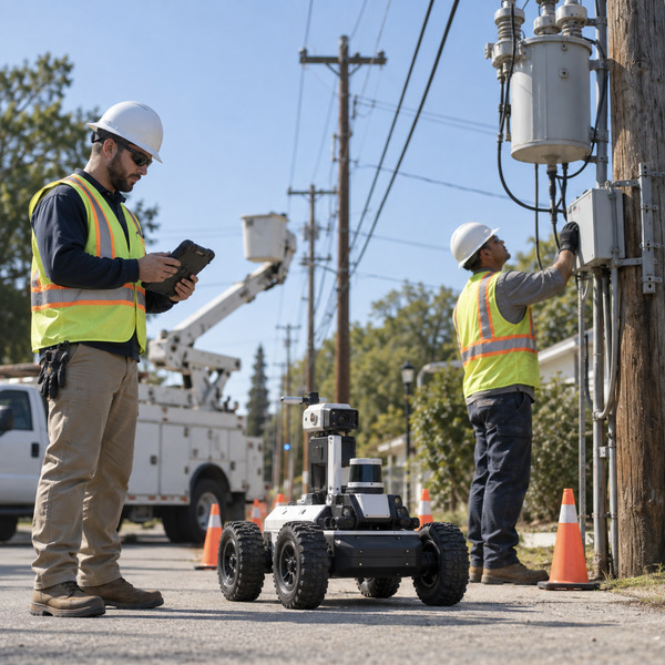 Utility field crew coordinating robotic inspection activity with operational workflows around power distribution assets