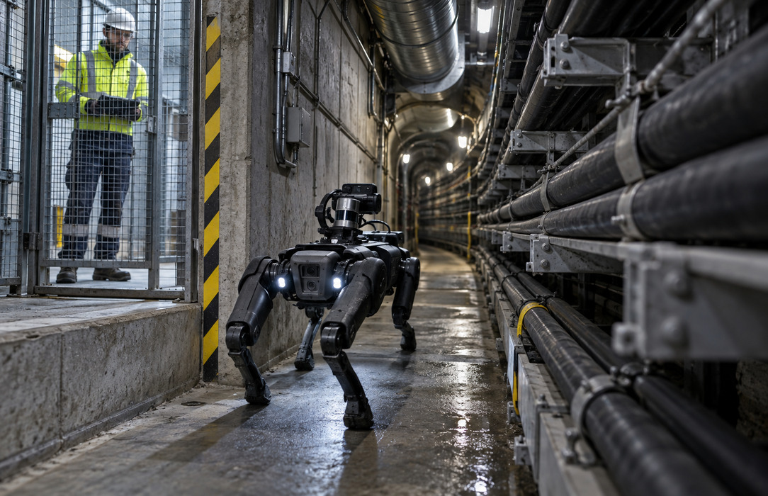 A quadruped inspection robot enters a narrow underground power cable tunnel while a utility technician remains behind a protective gate.