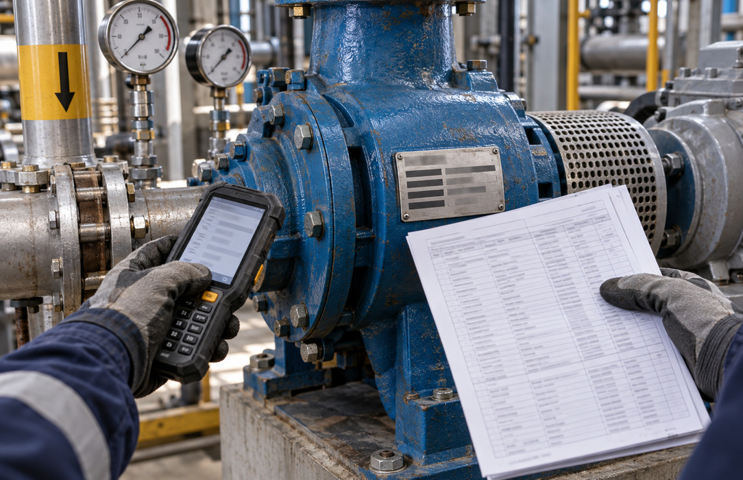 Gloved hands compare a pump nameplate, condition gauges, a handheld scanner and a maintenance record.