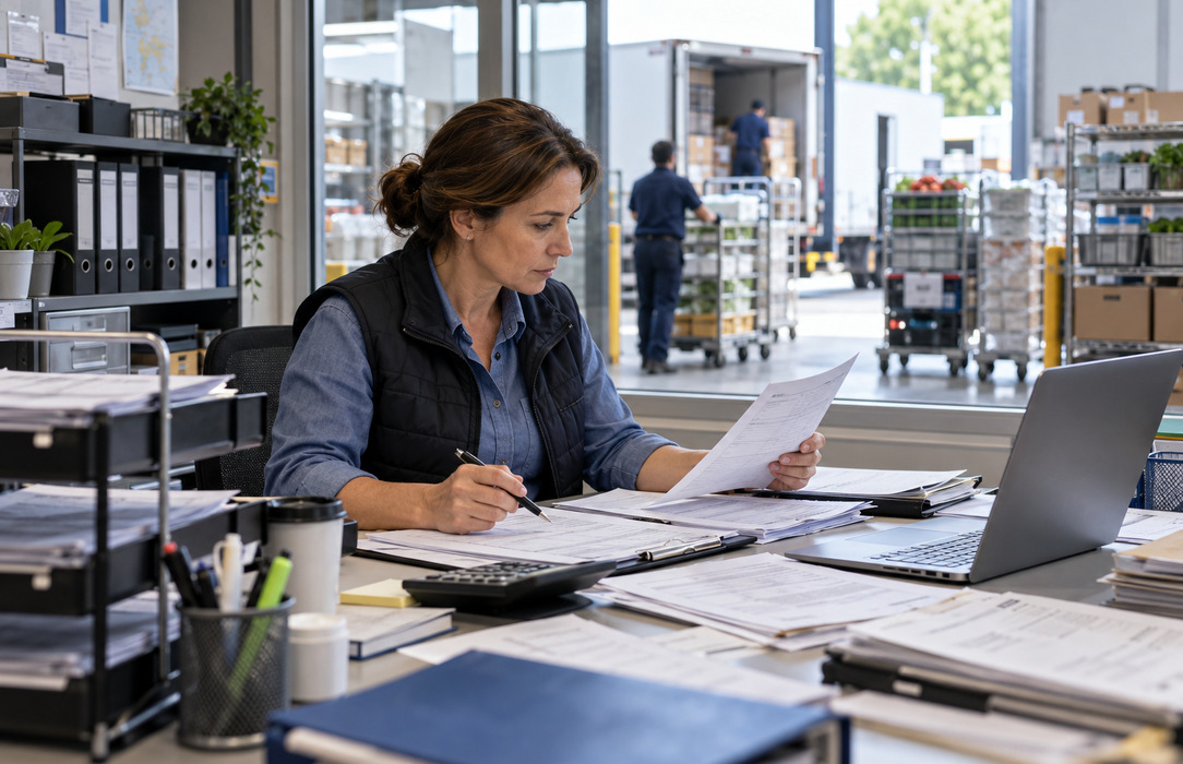 A foodservice operations administrator works through delivery notes, invoices and order forms with catering supplies visible beyond the dispatch office.