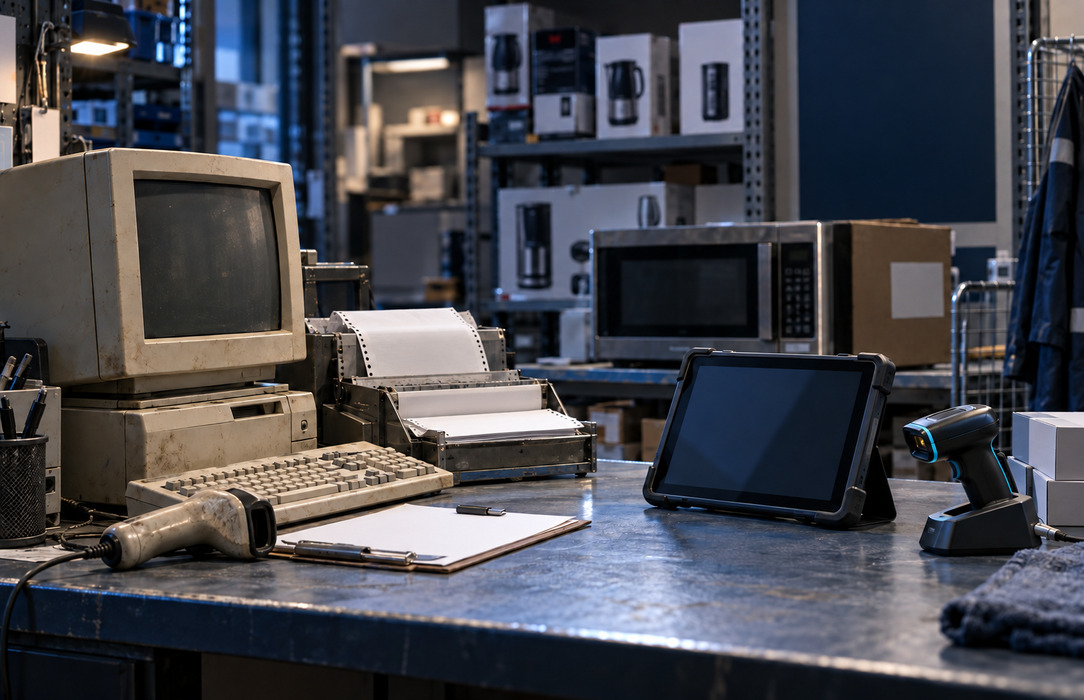 Legacy retail service terminal and wired equipment positioned beside a modern tablet and scanner in an appliance stockroom.