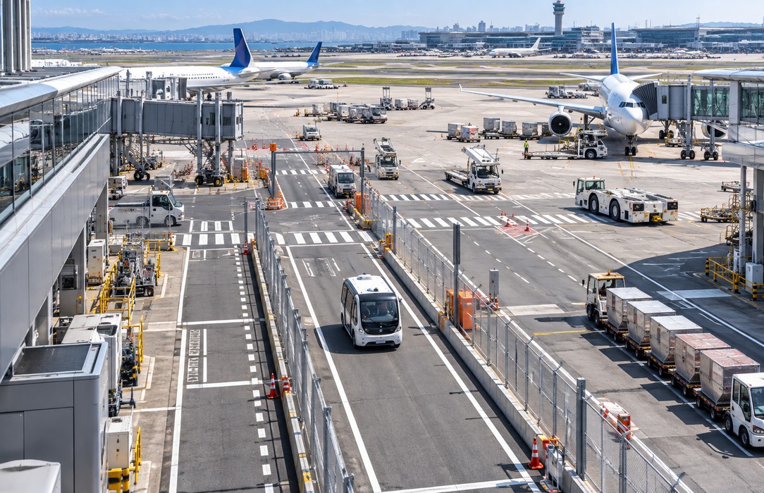 Elevated view of a fenced airport service corridor where an autonomous shuttle moves within marked lanes alongside conventional ground vehicles.