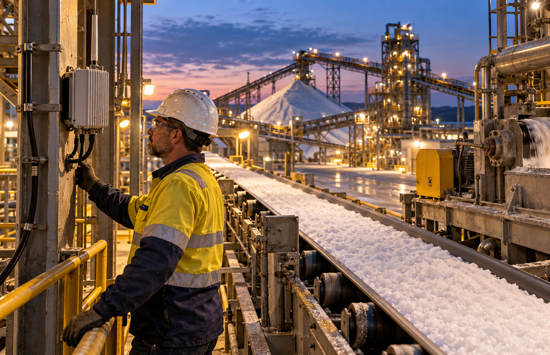 An operator checks equipment beside a moving salt conveyor during an evening production shift, representing the need for reliable connectivity during continuous operations