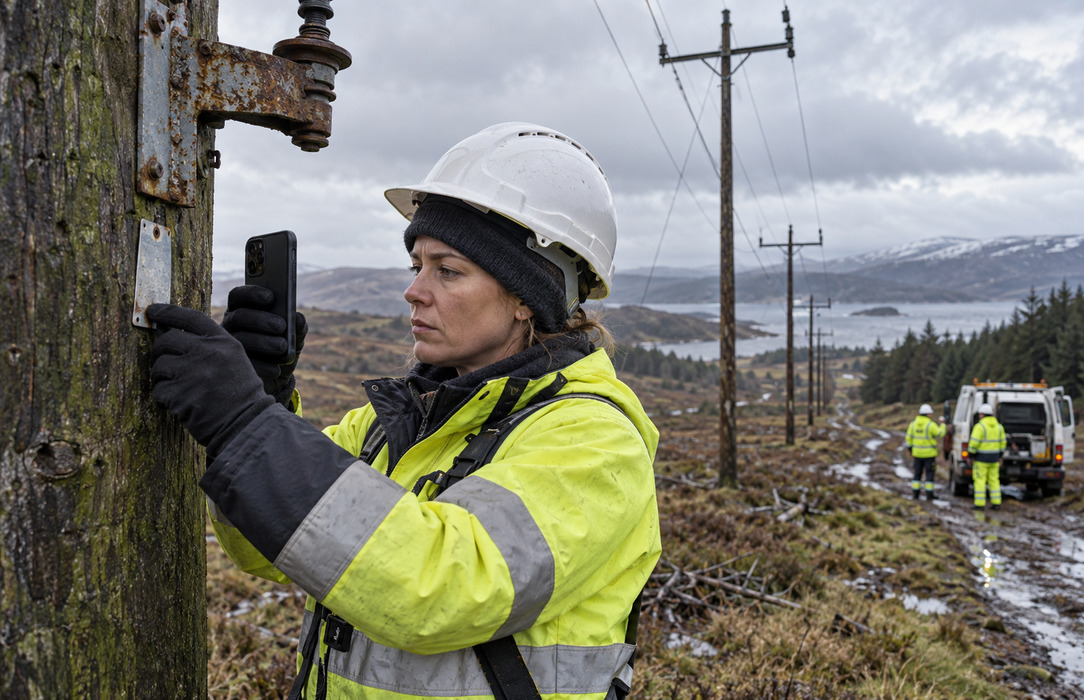 A utility engineer photographs corrosion on an overhead distribution pole while a maintenance crew waits farther along the rural power line.