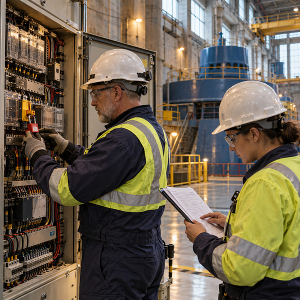 Utility operators coordinating a switching sequence beside a physical grid panel overlooking an electrical substation.