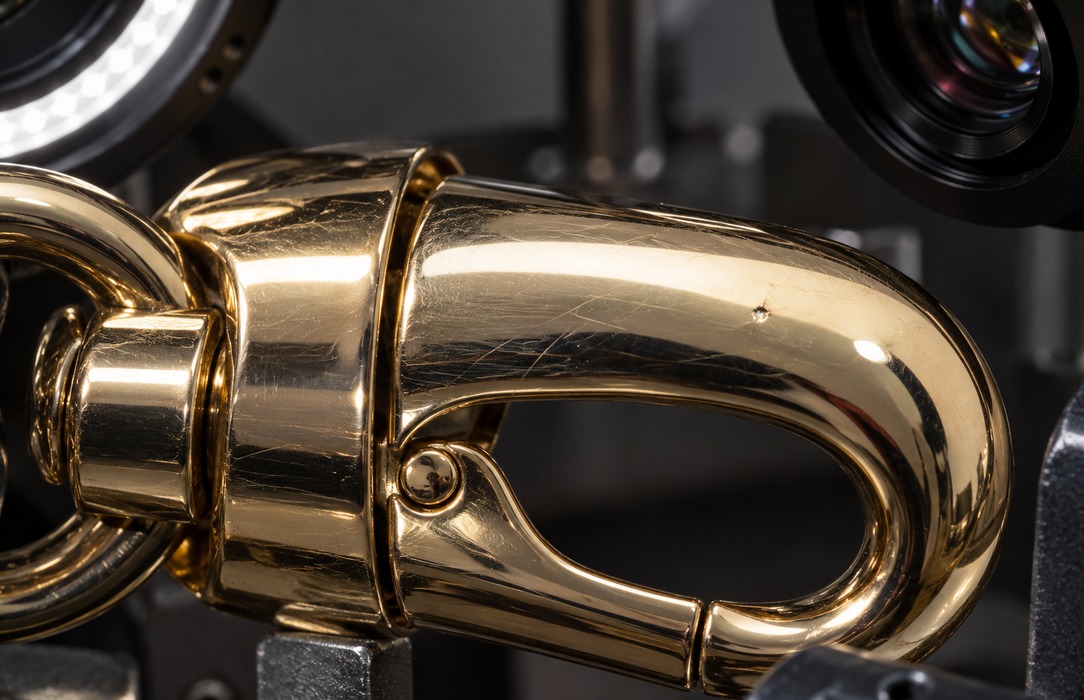Macro view of a reflective gold-toned clasp with subtle scratches and a small surface pit beneath physical inspection cameras and ring lighting.