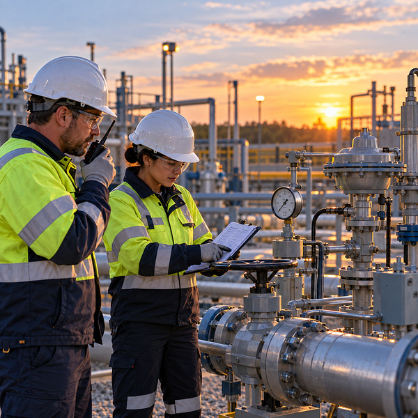 Gas utility operators coordinating a controlled valve-station procedure with a work permit and radio.