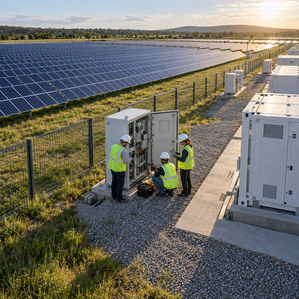 Technicians commission an industrial monitoring cabinet between a solar farm and battery storage facility, with standardized equipment extending across the site.