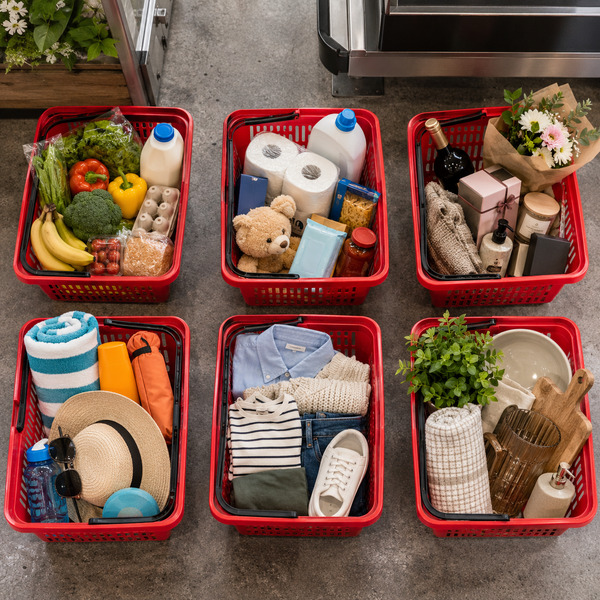 Six red shopping baskets contain different mixes of groceries, apparel and home products.