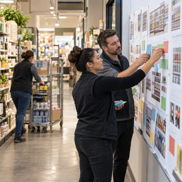 Two store managers coordinate campaign layouts on a planning board beside active replenishment.