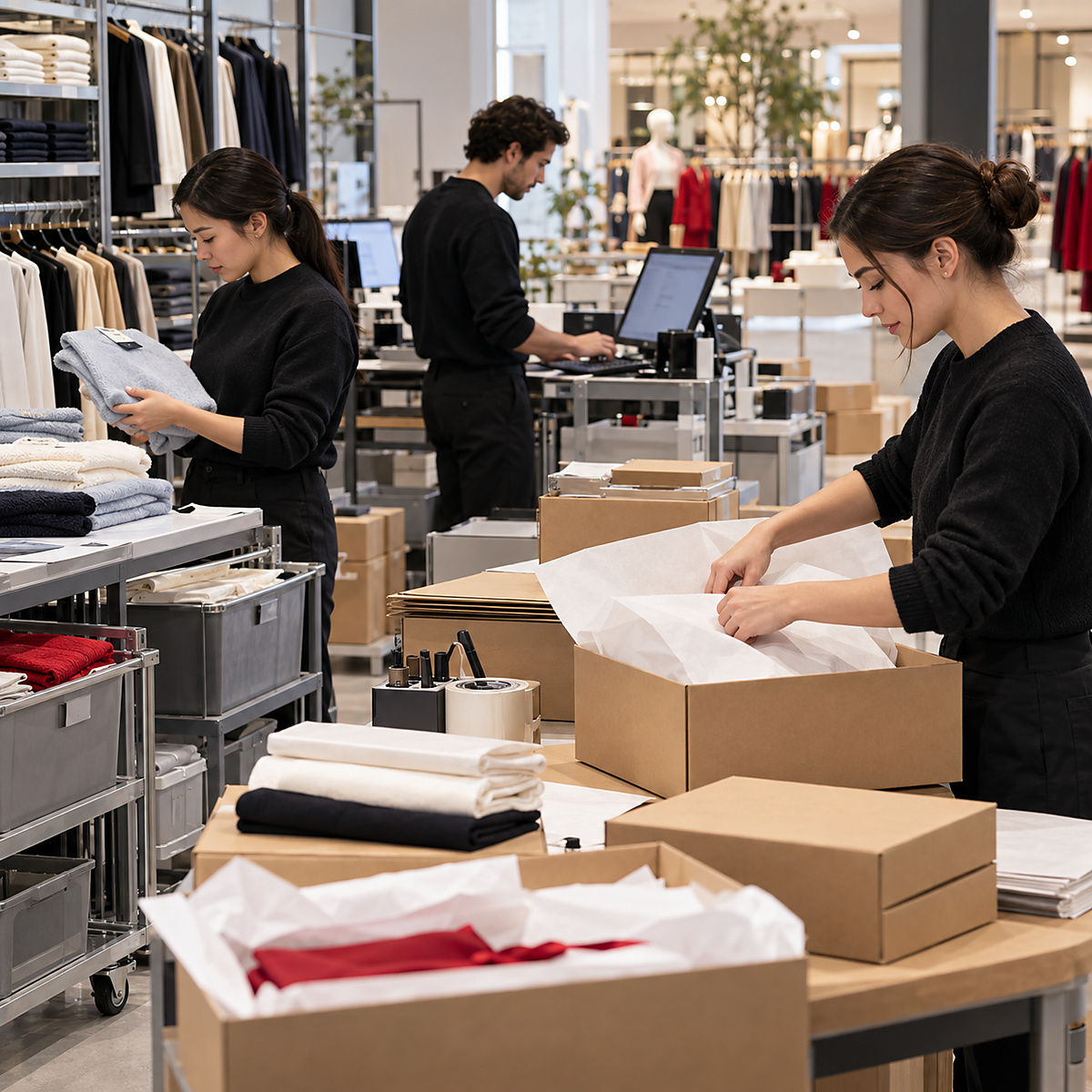 eCommerce operations team checking garments, orders and packaging in a dedicated department-store fulfillment area.