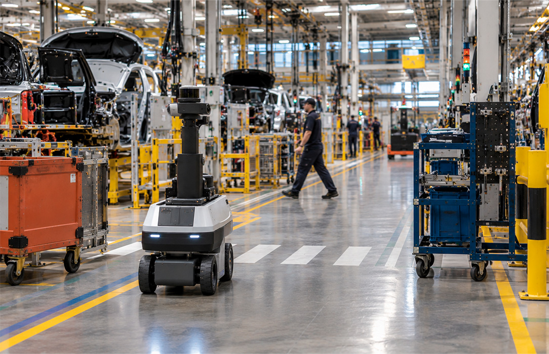 Autonomous patrol robot navigating around equipment and changing activity inside a vehicle assembly aisle.