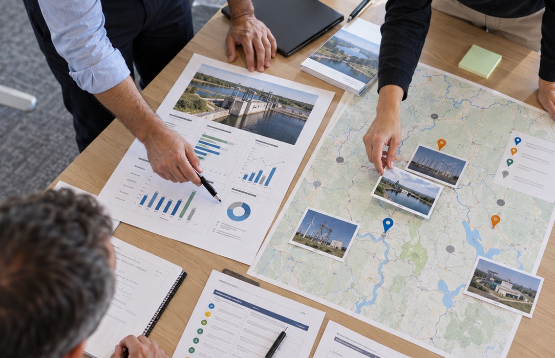 Project team reviews maps, site images and planning documents across multiple infrastructure locations, representing the need for consistent visibility across projects, assets and local information sources.