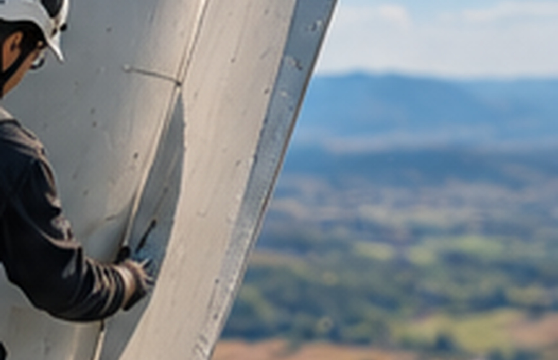 Rope-access technician works directly on a wind turbine blade at height, illustrating the operational complexity of physical inspection and repair.