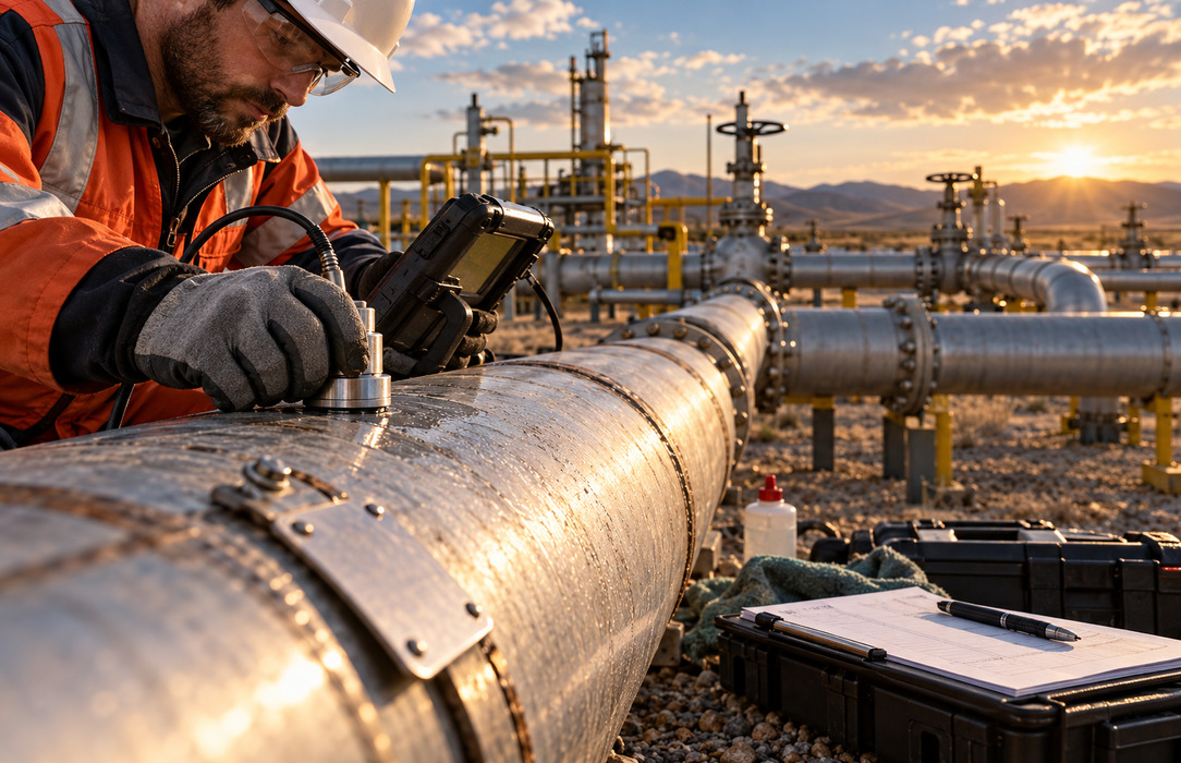 Field technician using inspection equipment on a gas pipeline section while recording asset condition evidence.