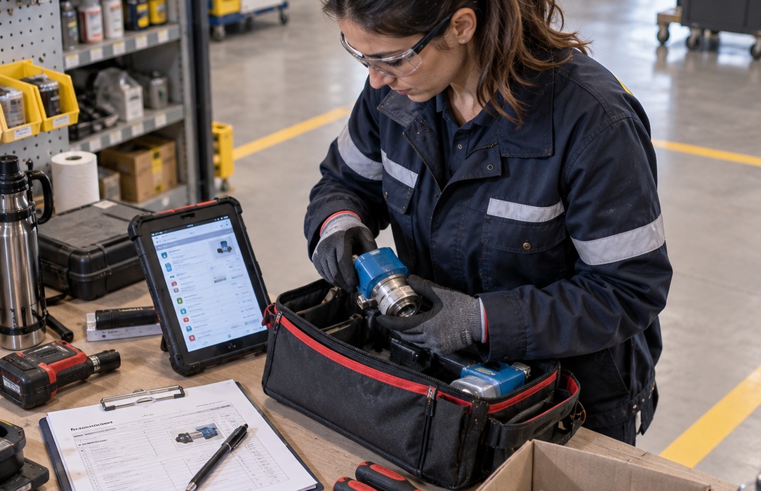 A utility maintenance technician works with a tablet, service document and equipment at a maintenance depot, reflecting information spread across tools and workflows.