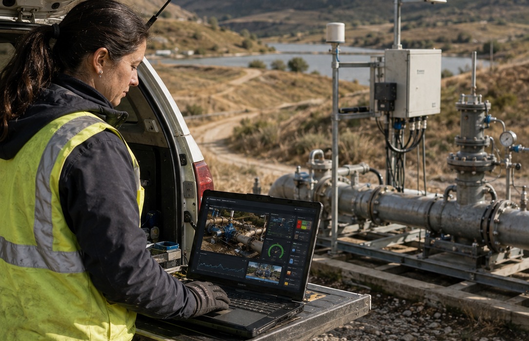 Field technician using a rugged laptop beside remote gas pipeline instrumentation, showing asset and operational information distributed across field systems and maintenance workflows.