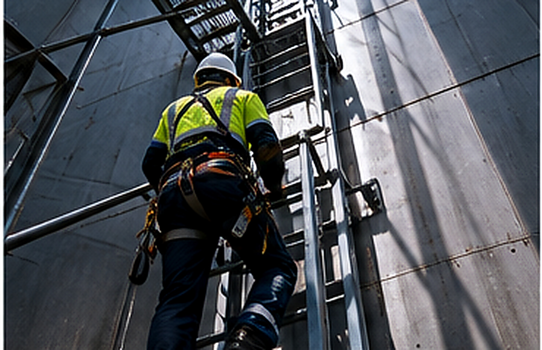 Technician climbs a fixed industrial access ladder while wearing fall-protection equipment in a constrained maintenance environment.
