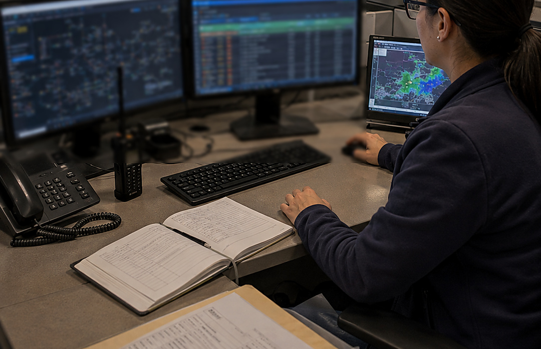 Control-room operator comparing incident information across several monitoring screens, notebooks and printed records.