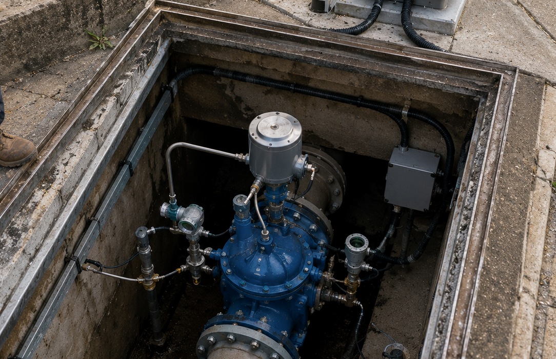 Open underground utility chamber with a large instrumented valve and confined access illustrating difficult manual inspection conditions.