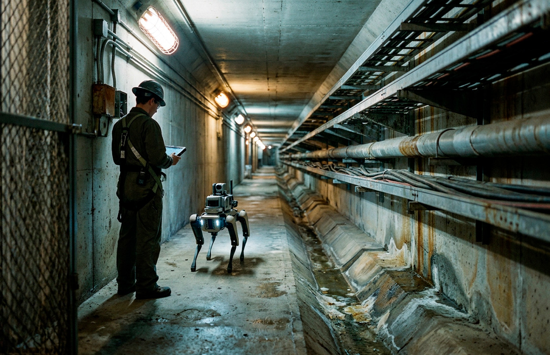 Inspection robot entering an underground utility tunnel while a technician remains at the secured access point.