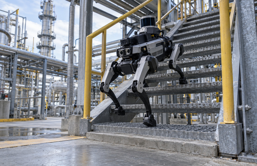 Quadruped inspection robot climbing a grated staircase between pipe racks in a chemical processing plant.