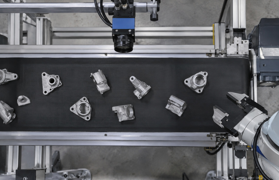 Overhead industrial camera monitors irregular metal parts on a conveyor while a robotic gripper waits to select an object.