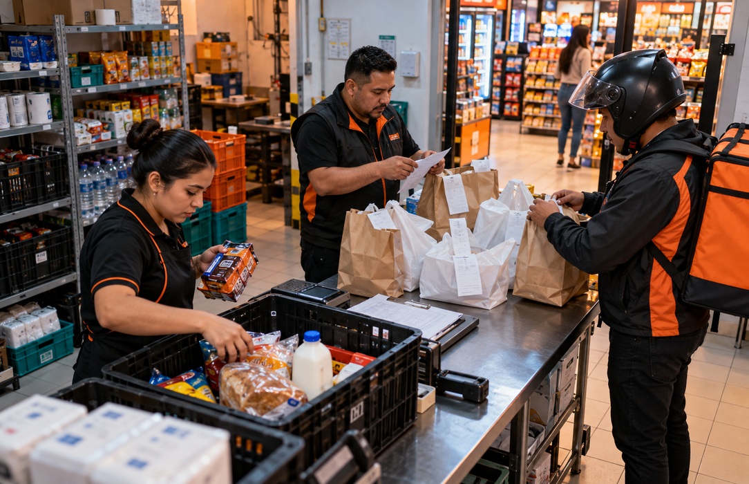 Store staff and a delivery rider coordinate multiple prepared orders in a convenience store backroom, showing the operational handoffs required for end-to-end eCommerce.