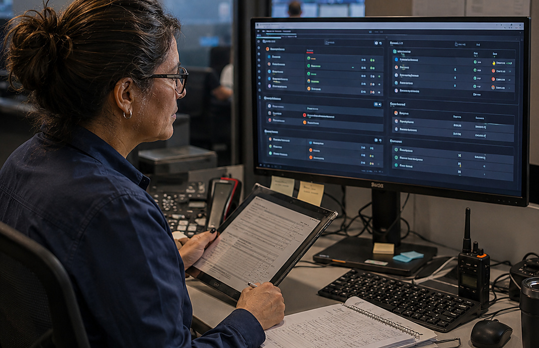 Operations coordinator compares paper logs with a digital status dashboard in a utility control environment.