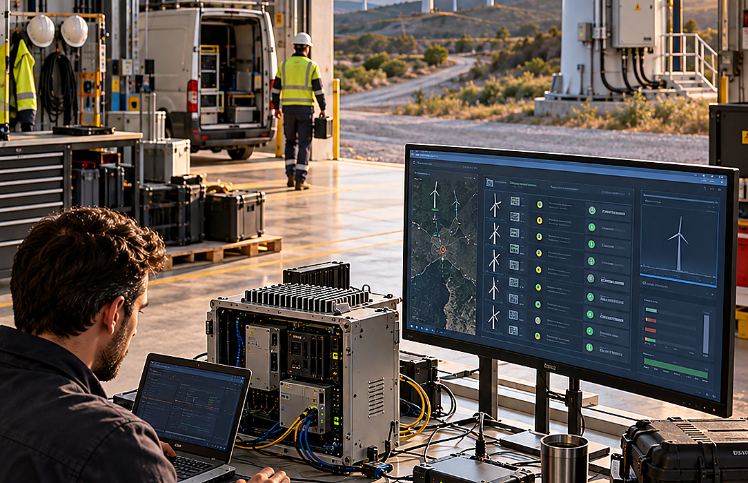 Engineer working with operational data and edge equipment in a wind-farm maintenance facility while turbines remain visible outside.