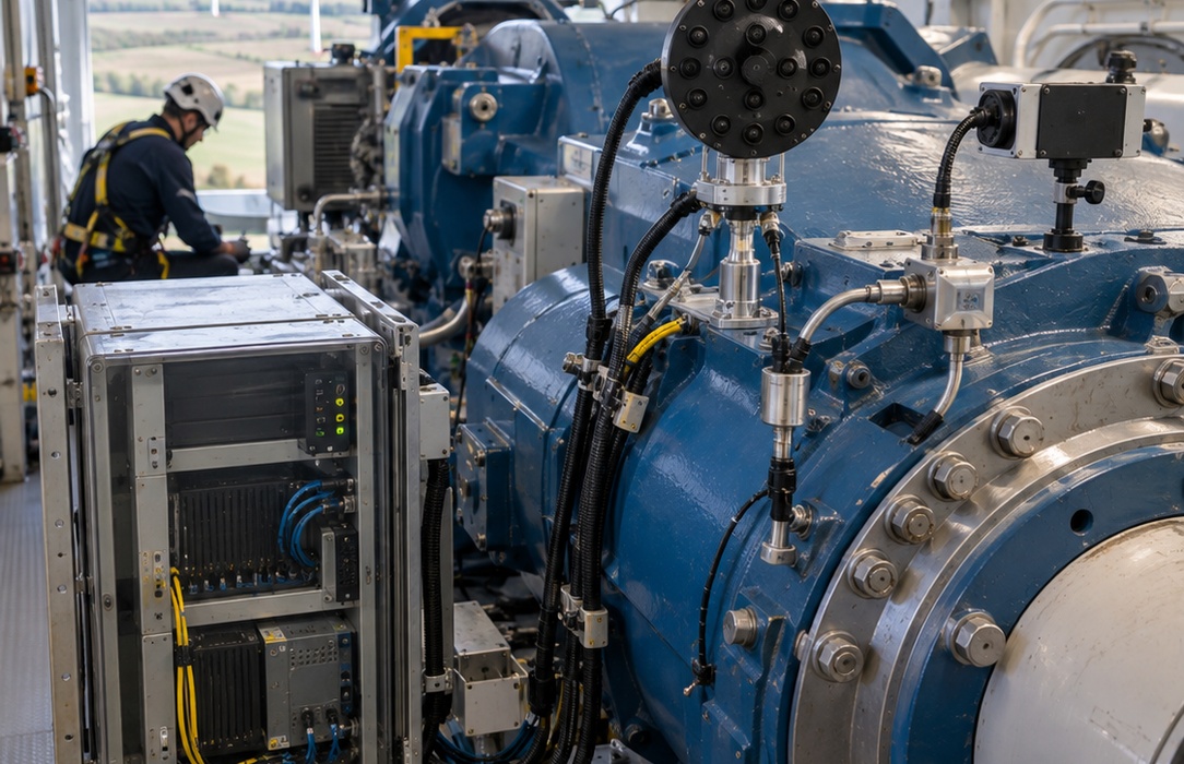 Technician working inside a wind turbine nacelle surrounded by drivetrain equipment and sensors, representing the need for consistent inspection procedures.