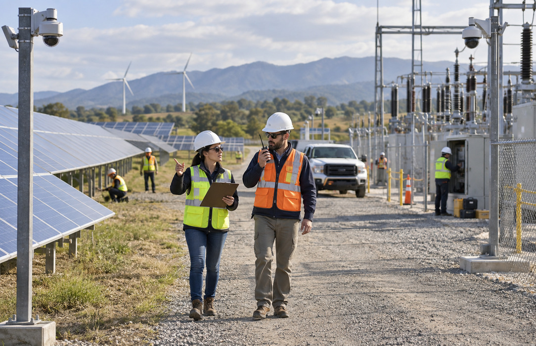 Utility safety lead and field engineer walk between a solar farm and switching station to assess changing monitoring needs.