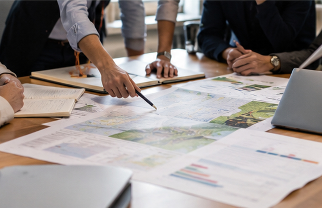 Cross-functional renewable energy team reviewing maps, project material and operating context around a shared planning table to align transformation priorities.