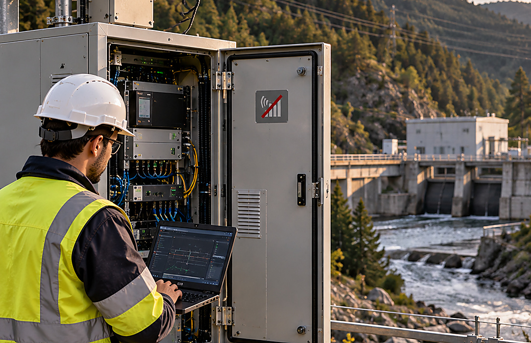 Field technician works at an open communications cabinet beside a remote hydroelectric facility in mountainous terrain.
