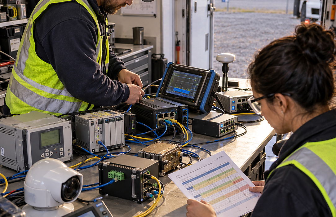 Field cybersecurity engineers test industrial network devices, protection equipment and communications links from a mobile substation engineering workspace.