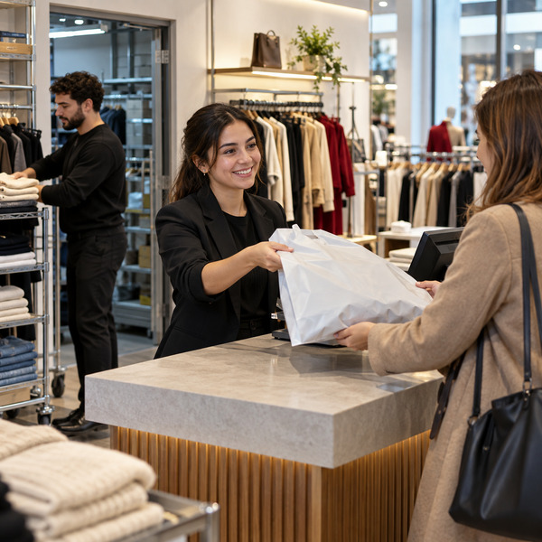 A store associate hands a packaged garment order to a customer at a fashion click-and-collect counter.