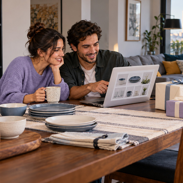 A couple reviews a digital gift registry on a laptop at home beside tableware and celebration gifts.