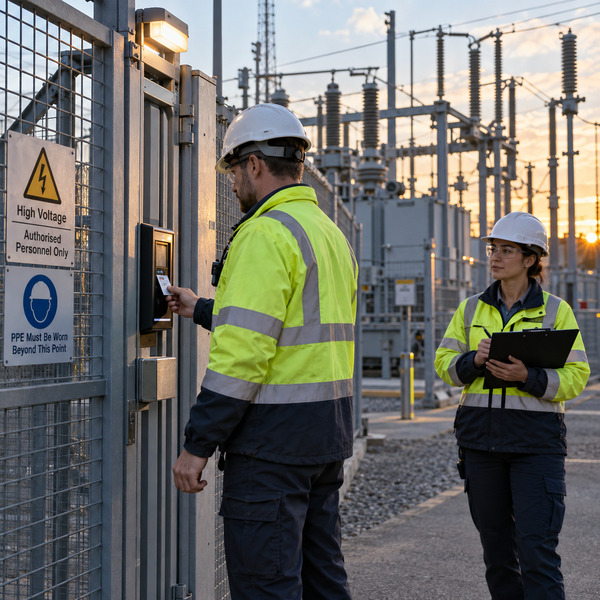 Two utility technicians following a secure access procedure at a high-voltage substation perimeter.