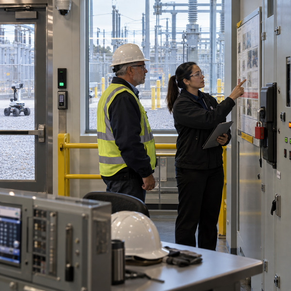 Utility operations specialist inspecting secure control equipment in a critical infrastructure environment
