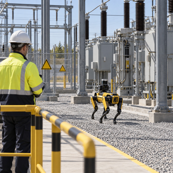 Utility safety specialist observing an autonomous quadruped inspection robot from behind a marked boundary inside a high-voltage substation.